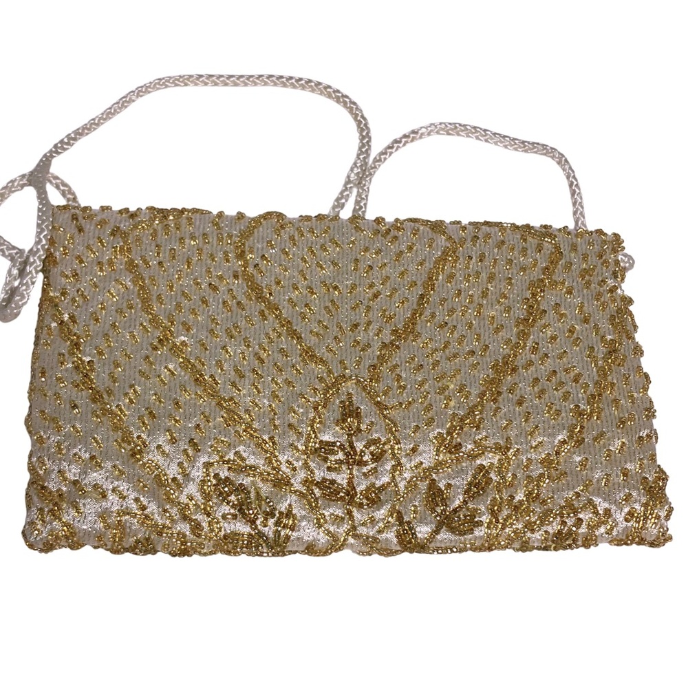 Vtg Formal Gold Beaded Art Deco Large Envelope Clutch Shoulder Strap Prom Bag - Picture 2 of 11